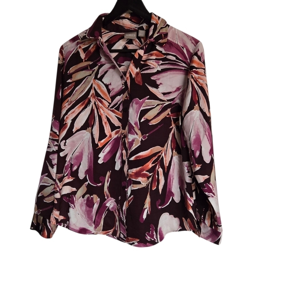 Chico's Floral Print Women's Top Button Up Blouse Size 1 (Medium)